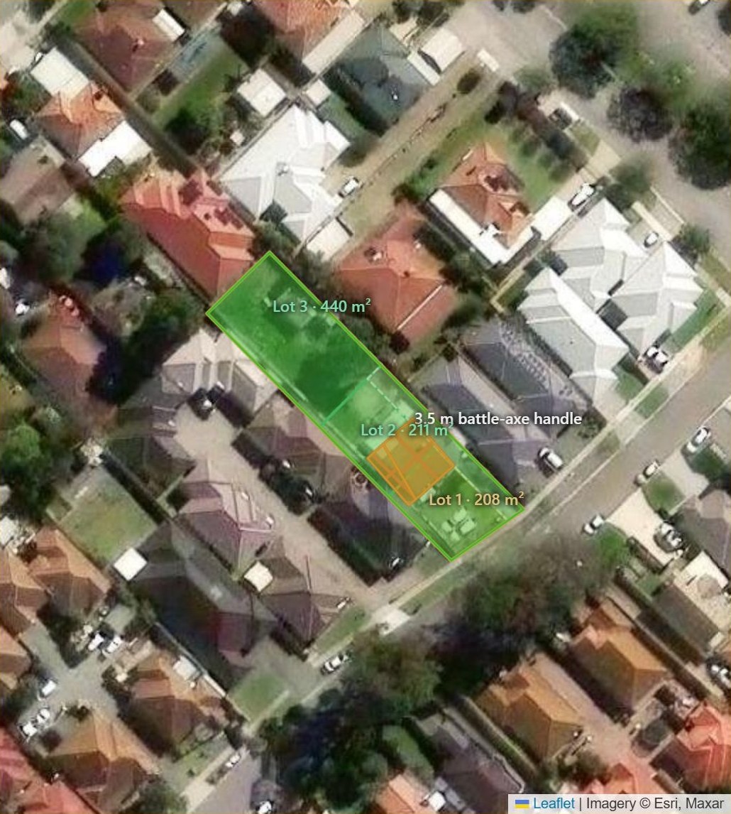 Aerial view of a Perth block with a proposed subdivision drawn